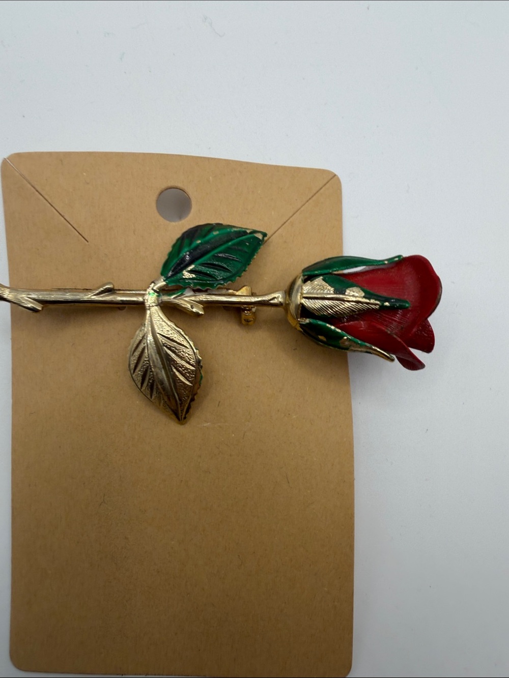 Vintage Style Red Rose Brooch Gold Tone Green Enamel Long Stem Floral Pin